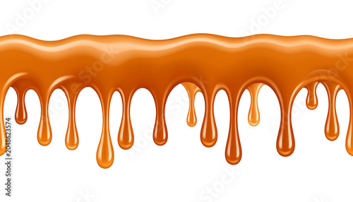 Dripping caramel sauce border, liquid candy texture, sweet dessert topping, flowing golden brown syrup
