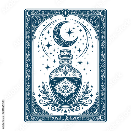 Mystical Moon and Potion Bottle Tarot Card Illustration
