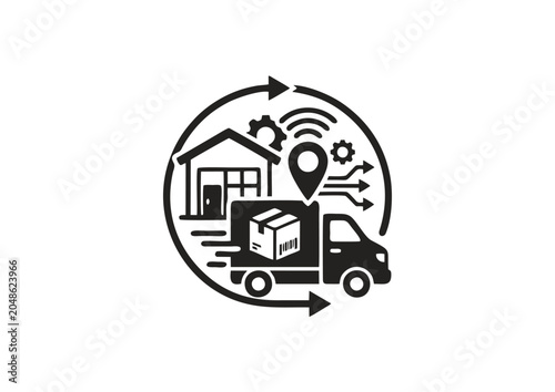 Stylized Logistics and Delivery Icon with Warehouse, Truck, Package, Location Pin, Gears and Wireless Arrows in Black and White Design Representing Supply Chain Management and Tracking Concept