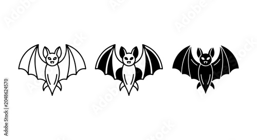 Slika na platnu Vector Bat Icons Set: Three Styles of Flying Mammals, Black and White Graphics f