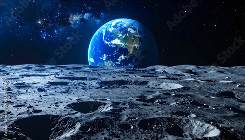 Earth viewed from the textured, cratered surface of the Moon with a starry night sky in deep space, representing exploration and cosmic wonder