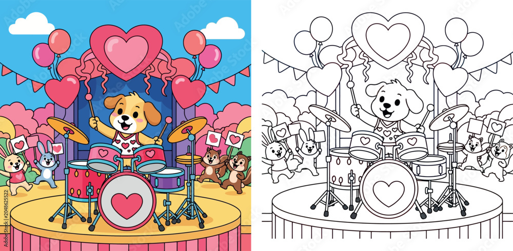 Fototapeta premium Cute Cartoon Animals Performing a Valentine's Day Concert - Puppy Drummer and Cheering Friends