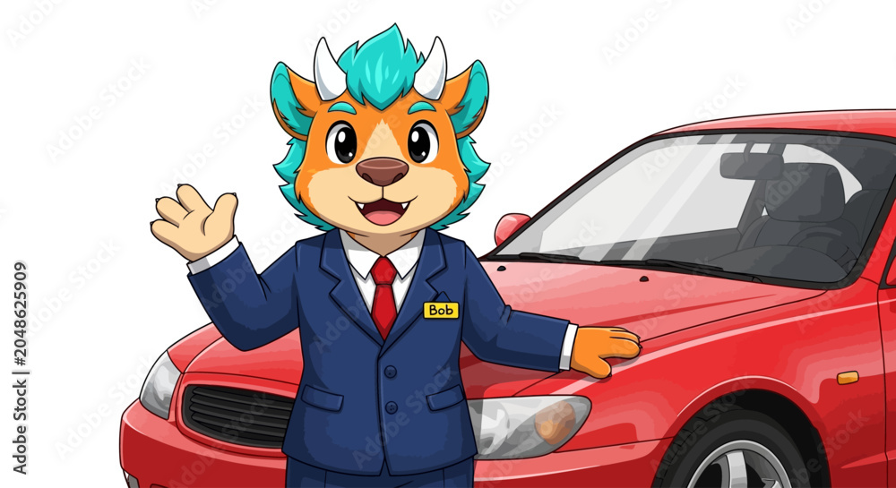 Obraz premium Cartoon dragon car salesman mascot in blue suit, friendly monster character selling red sedan, automotive dealership marketing vector