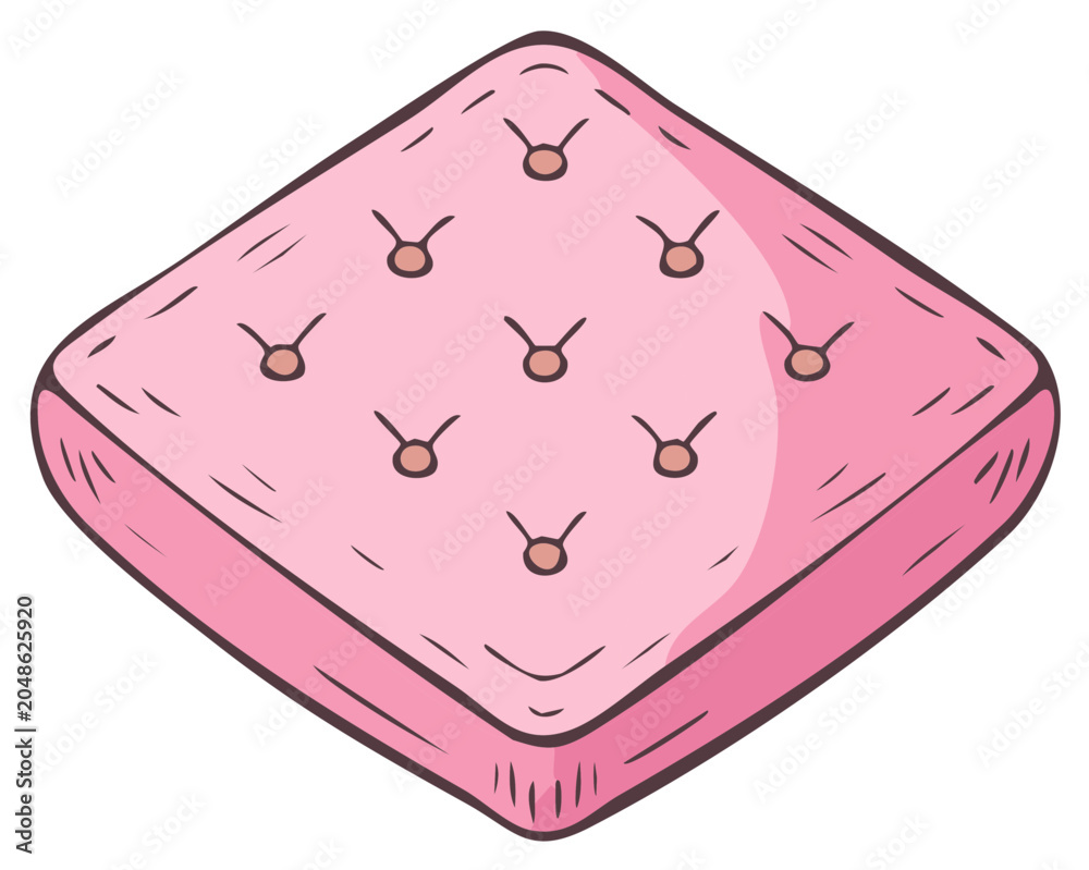 Fototapeta premium Hand drawn cartoon illustration of a cute pink tufted mattress or cushion for sleeping