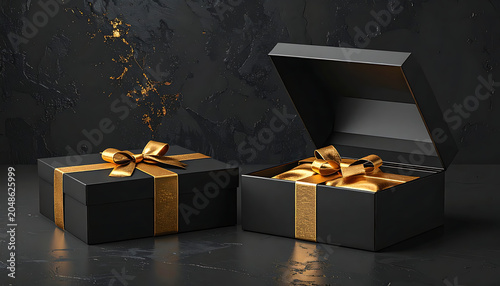 Elegant black gift boxes with golden ribbons and bows, one open revealing a sparkling surprise on a dark, textured background with scattered glitter