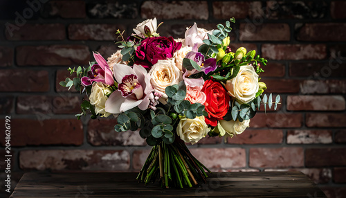 Elegant floral bouquet featuring roses orchids and eucalyptus on a rustic wooden table against a brick wall, romantic, luxurious, celebratory
