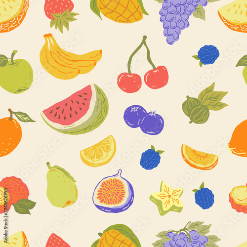 Valokuva Summer seamless pattern with hand drawn fruits and berries