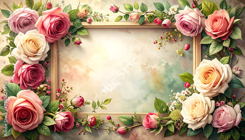 Elegant floral frame with pink and cream roses, delicate green leaves, and a watercolor background, perfect for invitations or romantic designs