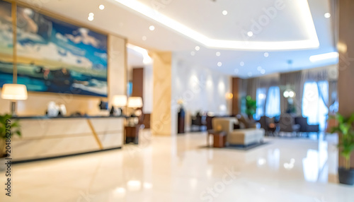 Elegant hotel lobby interior, modern reception desk with artwork, comfortable seating area, warm ambient lighting, creating a welcoming atmosphere for guests