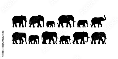 Elephant Icons, Black Silhouettes in Repeating Row Pattern on Transparent Background, Vector-Style Graphic Resource for Design