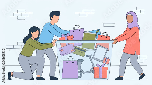 Photos Three diverse people pushing an overflowing cart of consumer goods and shopping