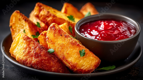 Golden crispy potato wedges served with rich tomato ketchup sauce potatoes appetizer