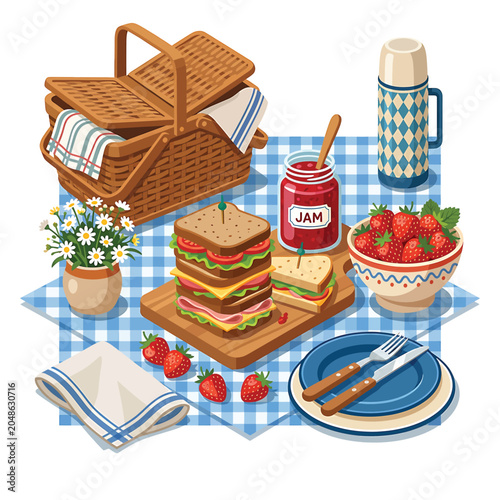 Picnic setup with sandwiches and fruit.
