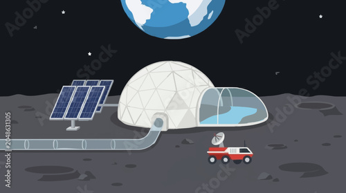 Lunar Habitat Dome Station with Solar Panels and Space Vehicle