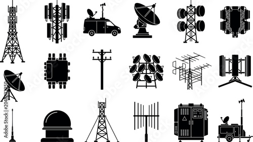 Foto Telecommunication tower and broadcasting network silhouettes vector set featurin