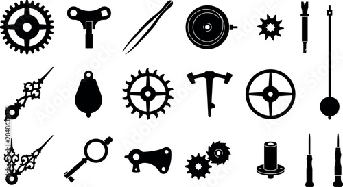 Obraz na płótnie Vintage clockwork mechanism parts vector collection featuring watchmaker tools g