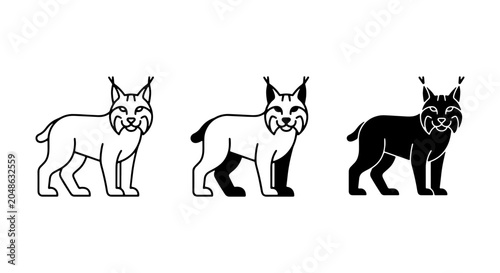 Photography Lynx Icon Set, Wild Cat Vector Graphics, Feline Animal Illustrations, Black and