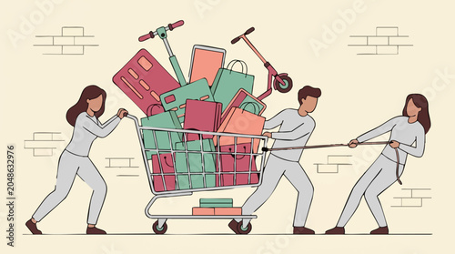 Photography Overloaded Shopping Cart: People Struggling with Consumerism and Debt Burden