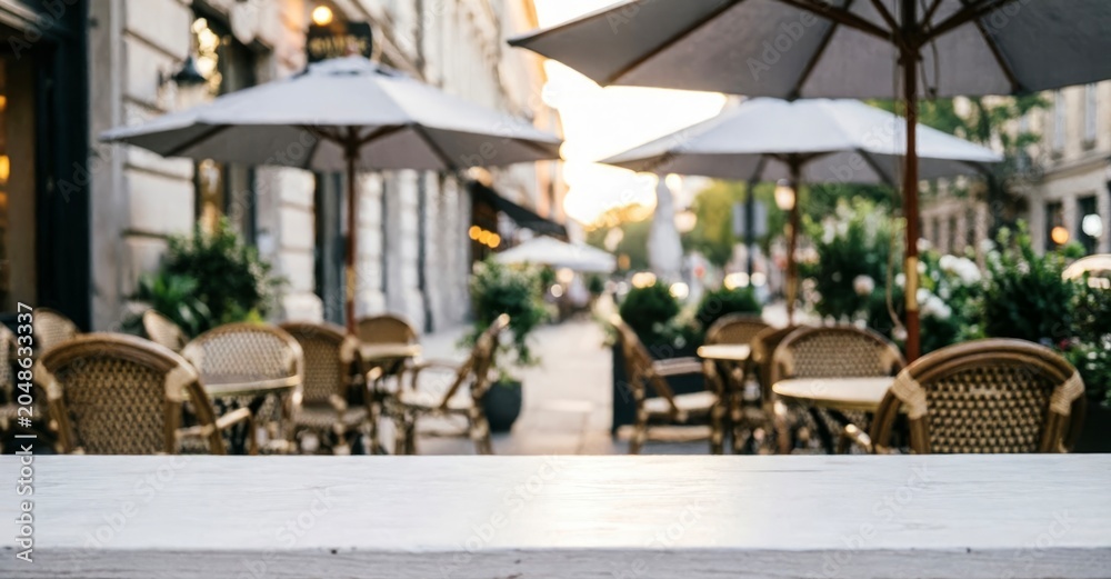 Obraz premium Outdoor Café Terrace with Umbrellas and Wicker Chairs for Web Design