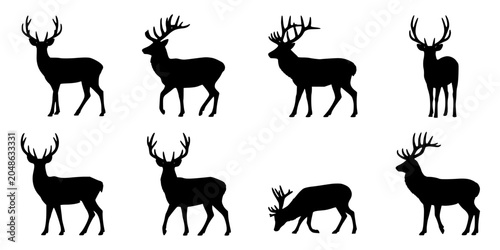 Deer Silhouettes in Various Poses and Orientations, Black and White Featuring Silhouette, Animal, Wildlife with Nature and Forest Elements