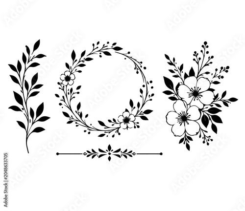 Elegant Black Floral Wreath and Botanical Frame Collection Isolated on White Background HD