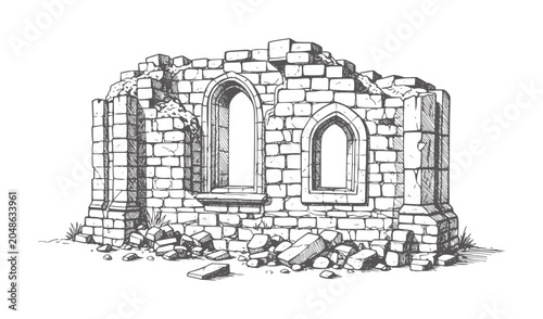 Obraz na plátně Of ancient stone ruin with arched windows and rubble architecture building