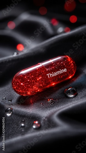 Close up of a red thiamine capsule on a dark fabric surface with water droplets reflecting light