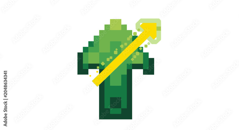 Fototapeta premium Pixelated Green Arrow Symbol with Yellow Diagonal Line.