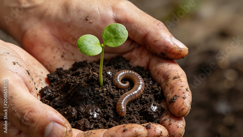 People hold soil with a sprout and a worm during gardening in the afternoon sunlight