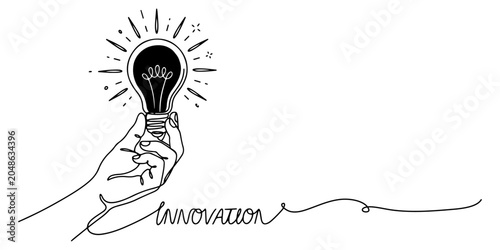 Foto Hand holding a glowing light bulb symbolizing startup innovation, creativity, and entrepreneurial ideas, line art style vector illustration