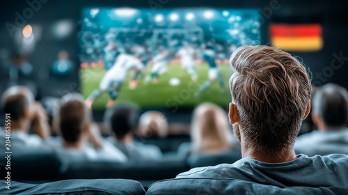 Group of diverse people watching soccer match on big screen TV at home with German flag in background showing live football game excitement