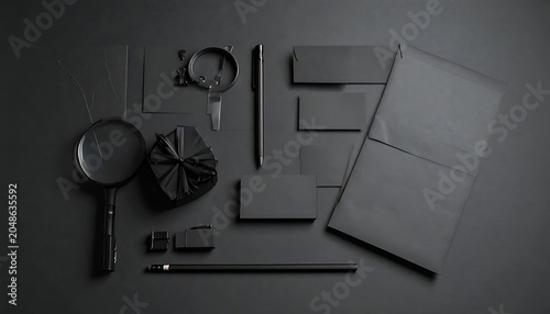 Flat lay of elegant black stationery and office supplies arranged neatly, including magnifying glasses, pens, and notebooks, on a dark background