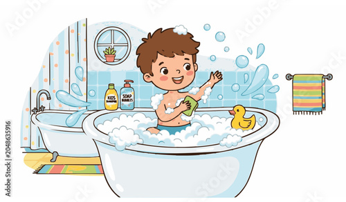 Schilderij op canvas Kid Boy Taking a Bath Vector Illustration