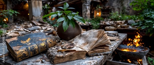 Ancient books amidst the ruins, set ablaze, symbolise the fading of knowledge, creating a melancholic backdrop for themes of the loss of cultural heritage and oblivion.