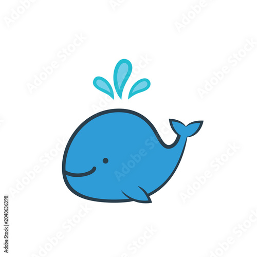 Cute cartoon blue whale illustration with water spray.