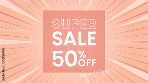 Foto Super Sale Peach Sunburst Background Banner, ピーチカラー 放射線 セール 背景