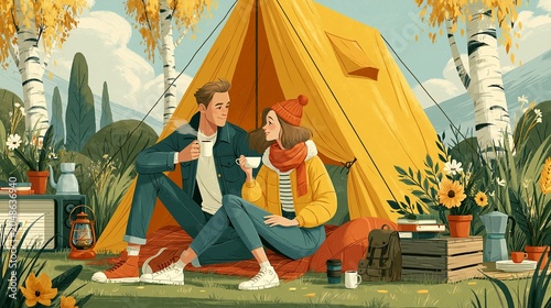 This illustration of a couple by a yellow tent in an autumnal forest captures the romance of camping, serving as an atmospheric backdrop for themes of travel, outdoor recreation and cosiness.