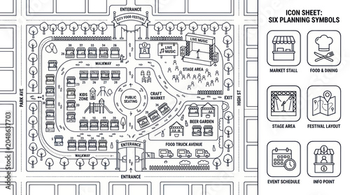 Street Fair Map Plan with Icons: Market, Food, Stage, Info Point