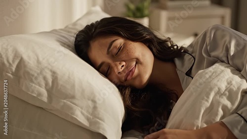 Young woman with freckles sleeping peacefully in a comfortable bed with white linens in the morning light