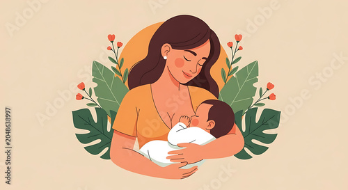 Mother cradling baby with floral elements illustration on transparent background motherhood