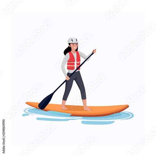 Woman paddleboarding in water wearing life vest and helmet