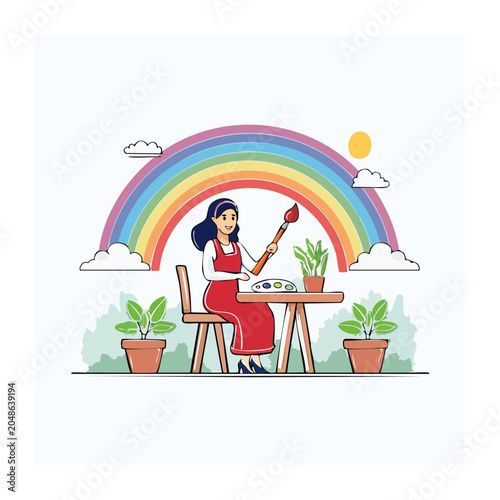 Woman painting outdoors under a rainbow