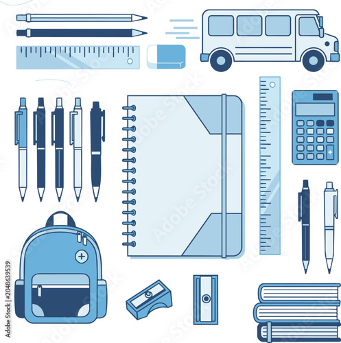 Back to School Supplies Vector Set with Backpack Notebook and Stationery