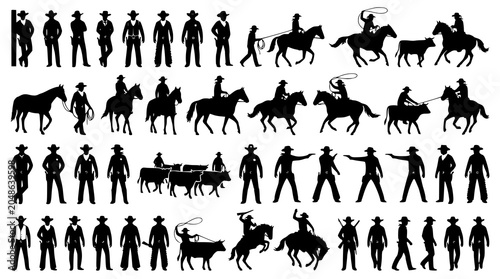 Quadro su tela Wild West cowboy silhouettes vector set with ranchers sheriffs and horseback rid