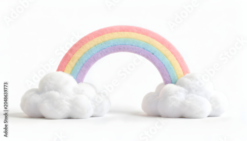 Cute pastel rainbow emerging from fluffy white clouds on a clean white background. Whimsical and dreamy illustration symbolizing happiness.
