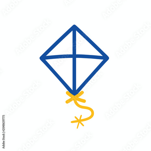Minimalist hand drawn blue kite icon with yellow string.
