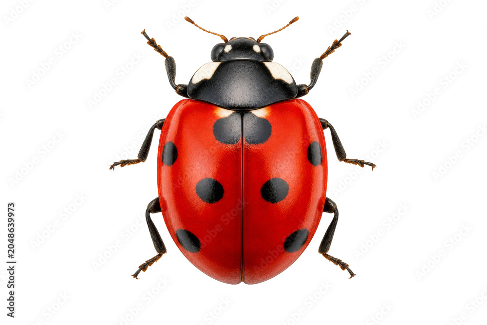 Fototapeta premium Close-up macro shot of a red ladybug with black spots on a white background