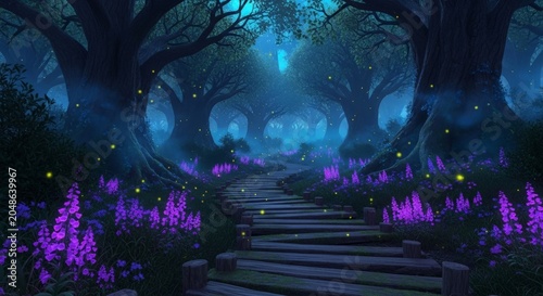 Magical night path through a glowing swamp forest with fireflies