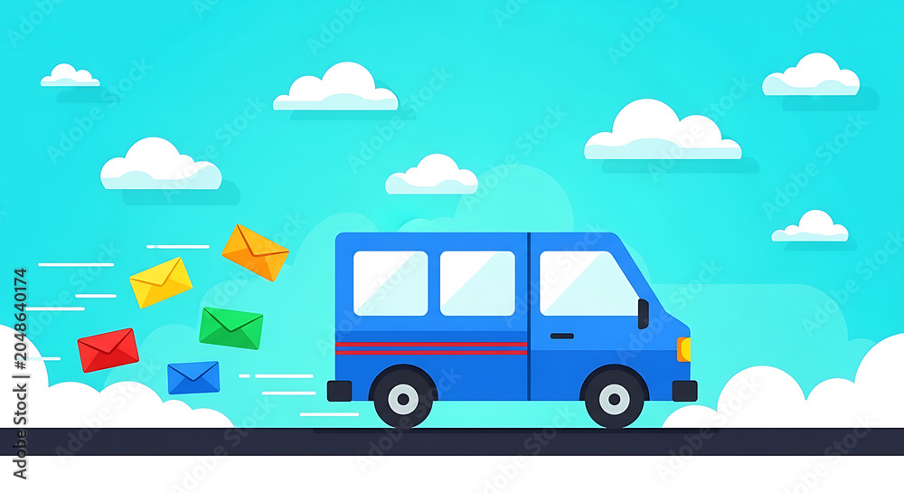 Fototapeta premium Blue delivery van with flying envelopes illustration on transparent background automobile