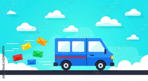 Blue delivery van with flying envelopes illustration on transparent background automobile